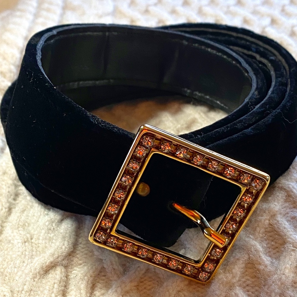 Vintage Black Velvet Belt with Rhinestone Buckle 34-38"